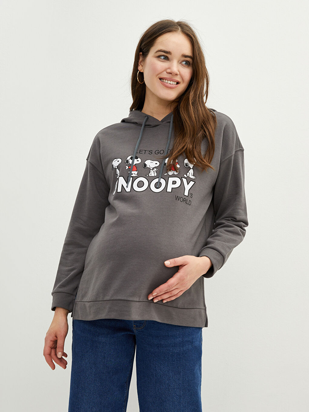 LCWAIKIKI Maternity Koyu Gri Snoopy Baskılı Uzun Kollu Hamile Hoodie - 2