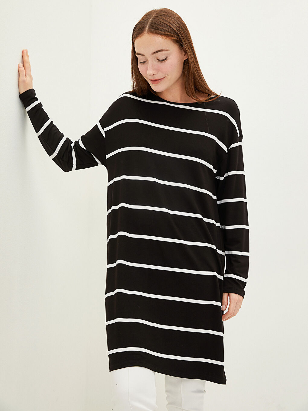 Siyah Bisiklet Yaka Çizgili Uzun Kollu Kadın Sweatshirt Tunik