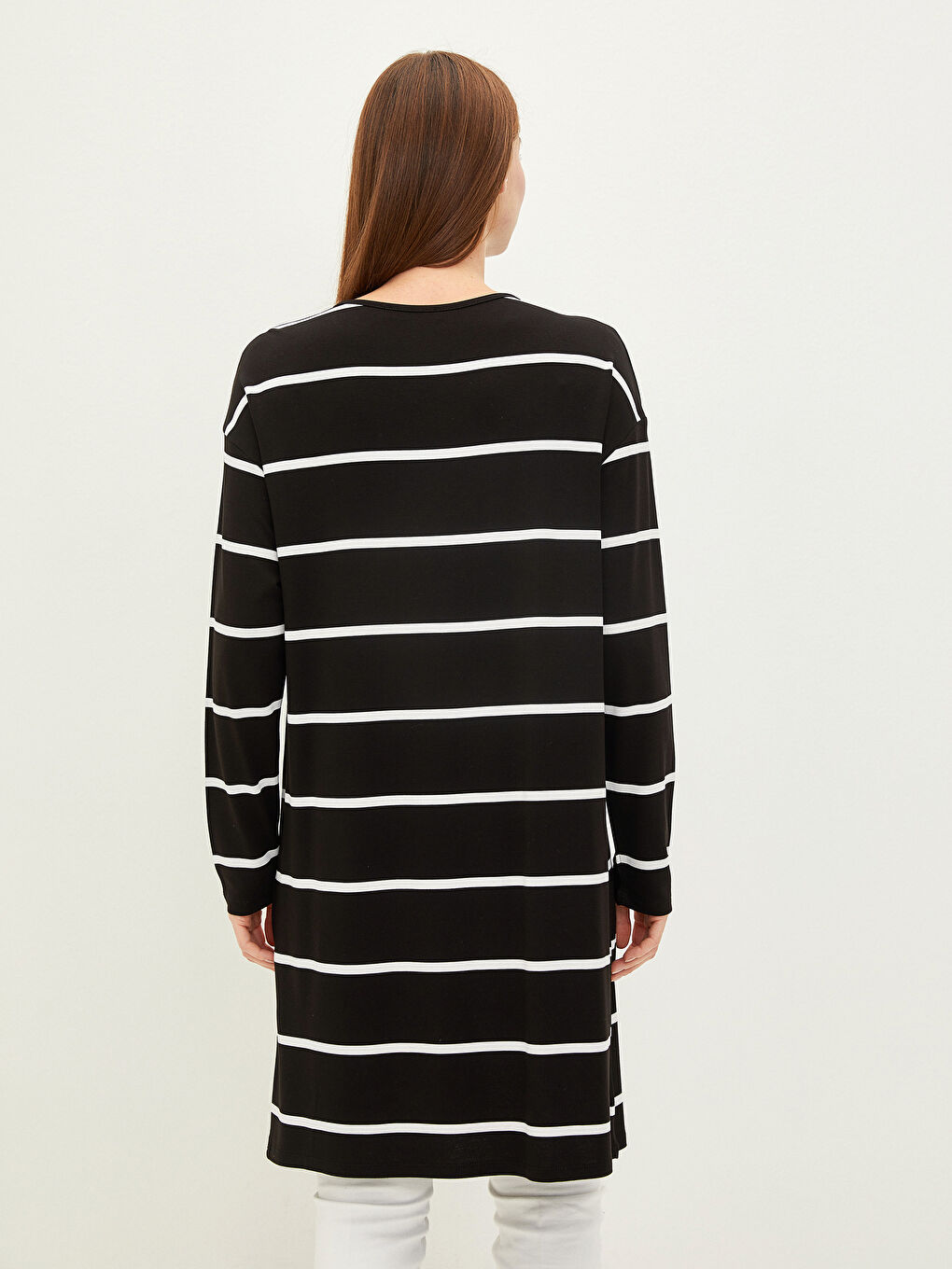 Siyah Bisiklet Yaka Çizgili Uzun Kollu Kadın Sweatshirt Tunik-5