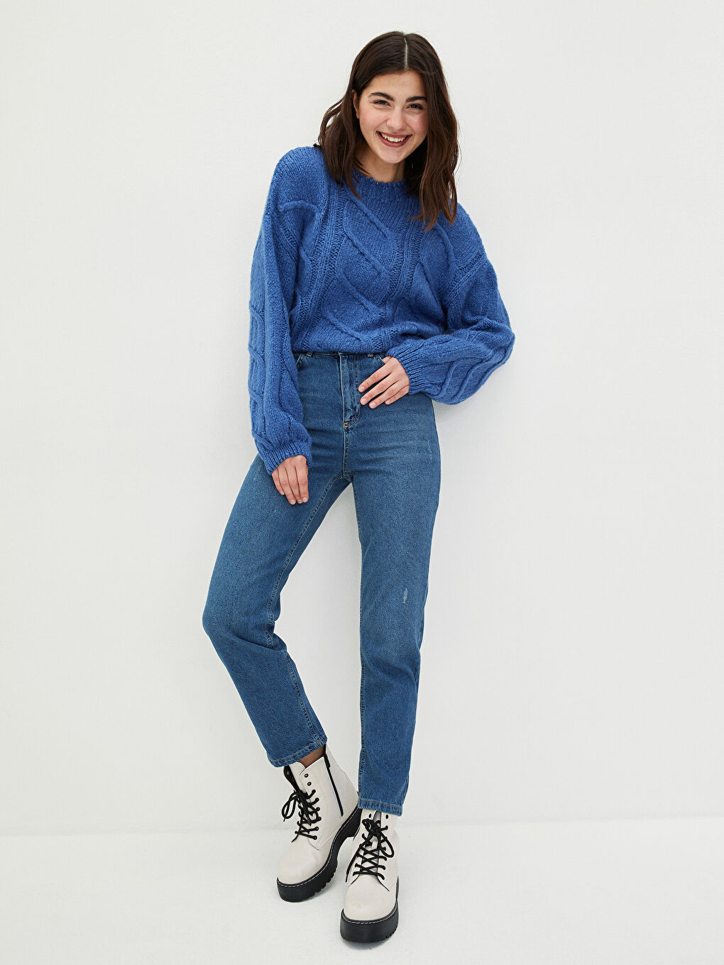 İndigo Yüksek Bel Straight Fit Cep Detaylı Kadın Rodeo Jean Pantolon-1