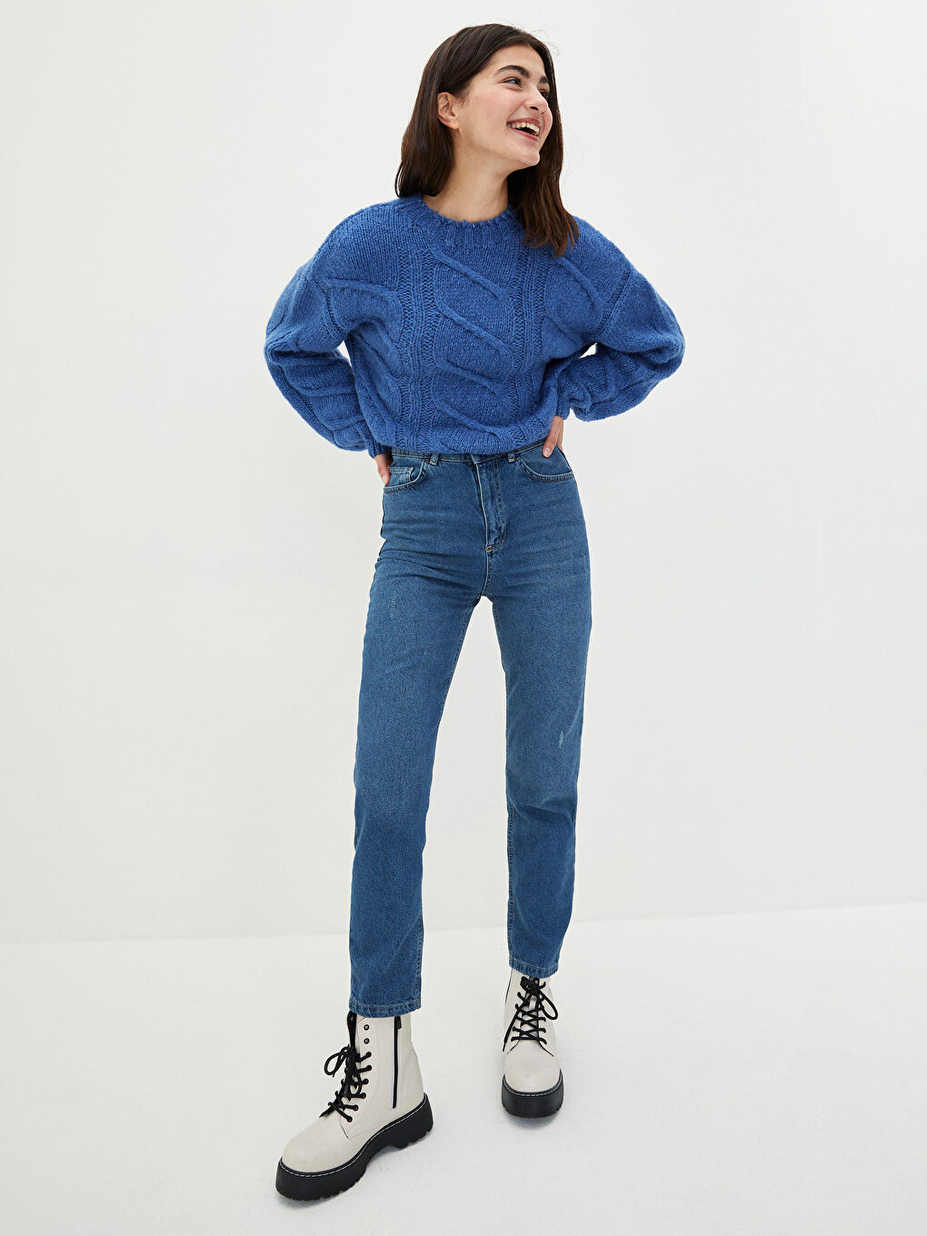 İndigo Yüksek Bel Straight Fit Cep Detaylı Kadın Rodeo Jean Pantolon-2