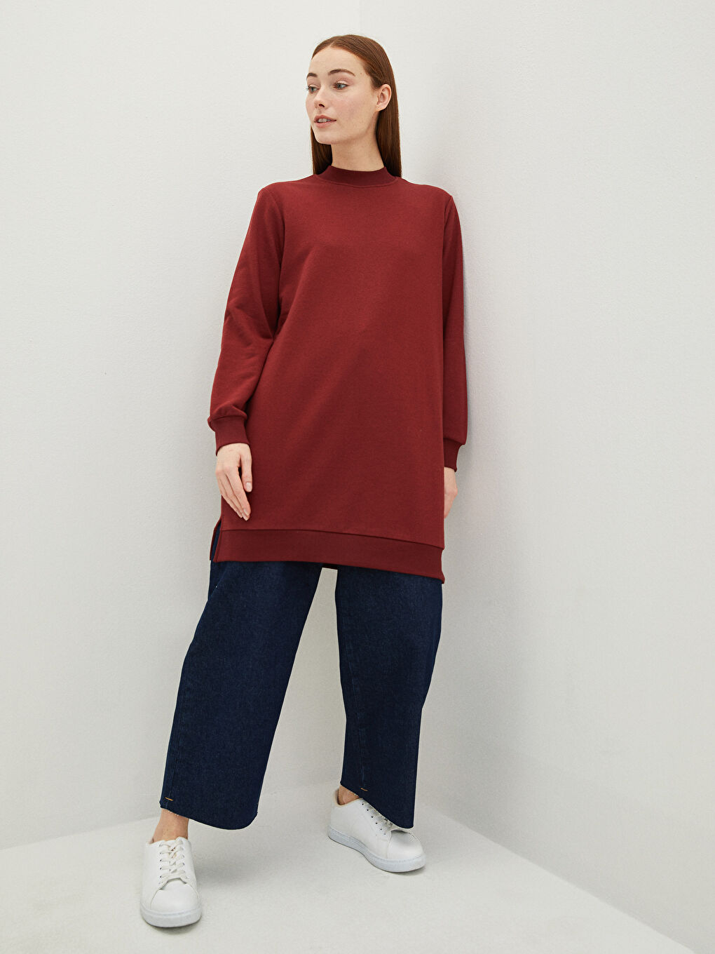 LCW Modest Bordo Bisiklet Yaka Düz Uzun Kollu Kadın Sweatshirt Tunik - 3