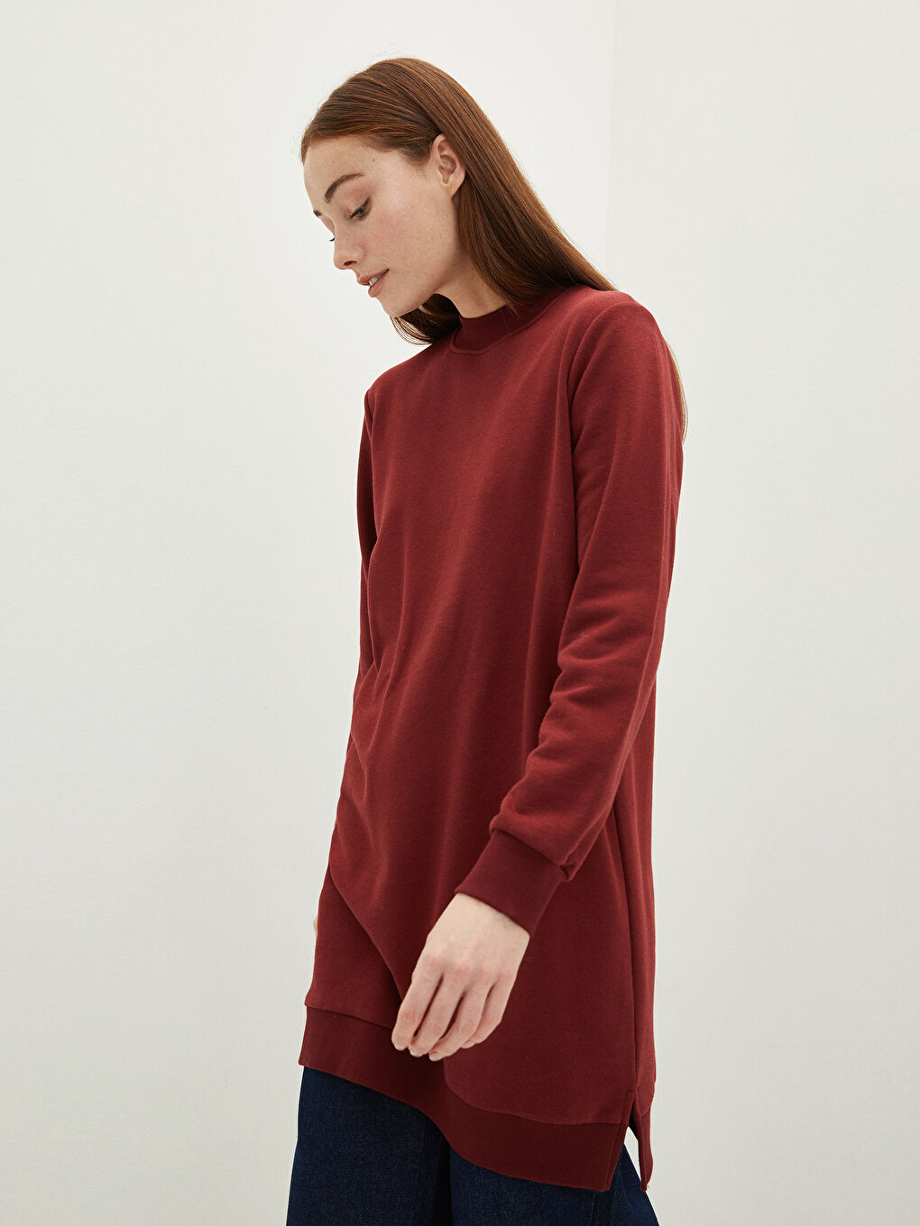 LCW Modest Bordo Bisiklet Yaka Düz Uzun Kollu Kadın Sweatshirt Tunik - 1