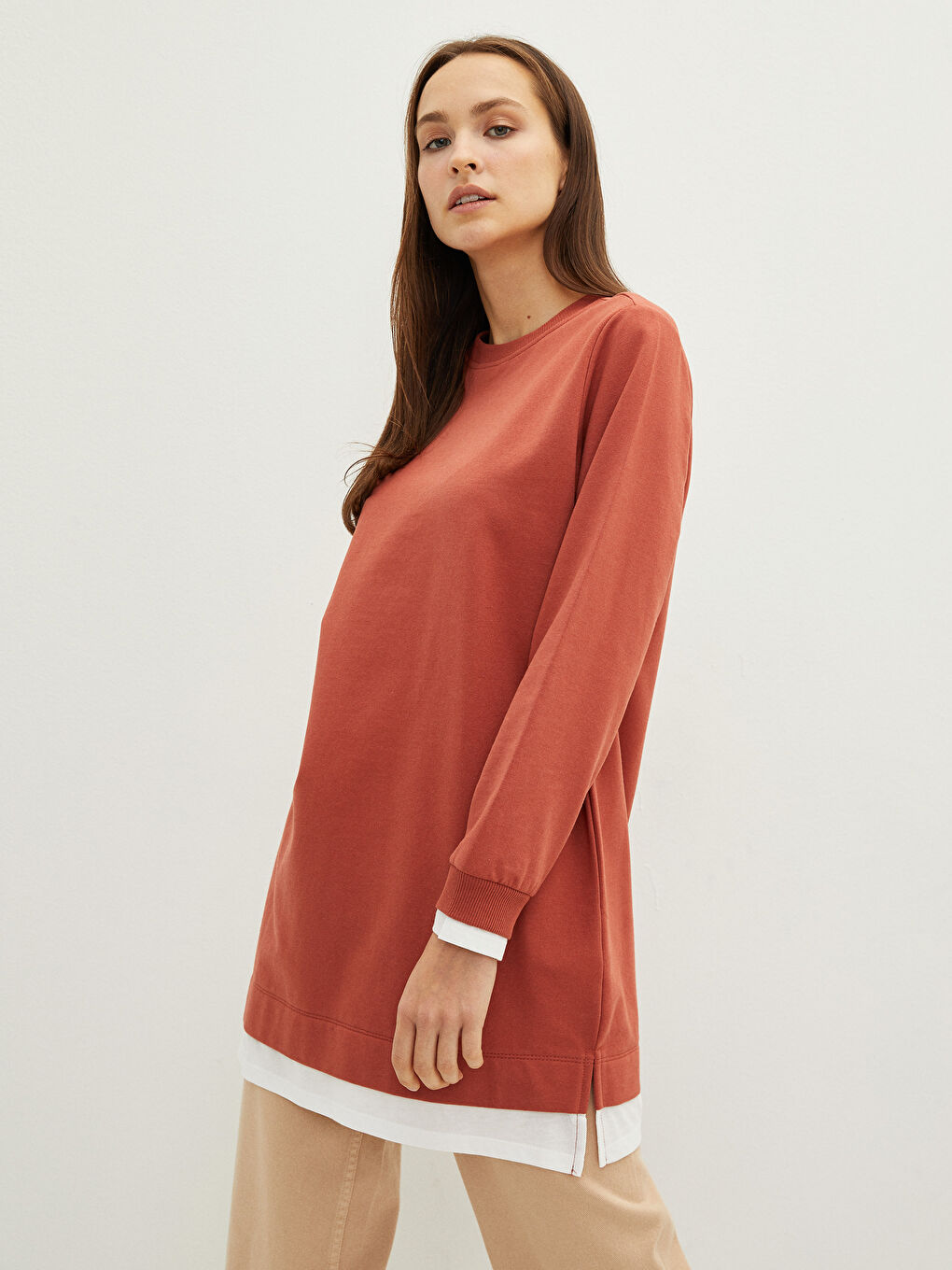 LCW Modest Crew Neck Plain Long Sleeve Women's Sweatshirt Tunic -W1IU10Z8-JGY