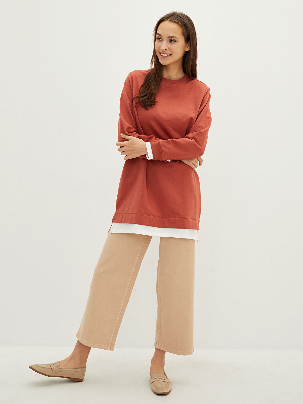 LCW Modest Crew Neck Plain Long Sleeve Women's Sweatshirt Tunic -W1IU10Z8-JGY