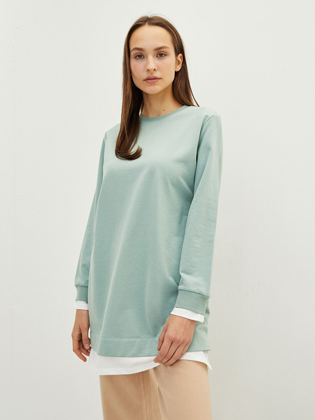 Crew Neck Plain Long Sleeve Women's Sweatshirt Tunic-1