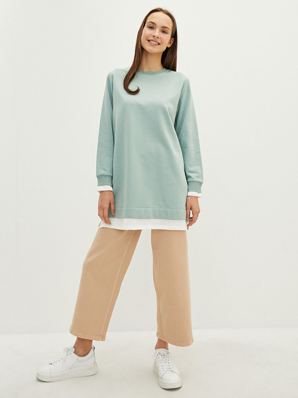 Crew Neck Plain Long Sleeve Women's Sweatshirt Tunic-3