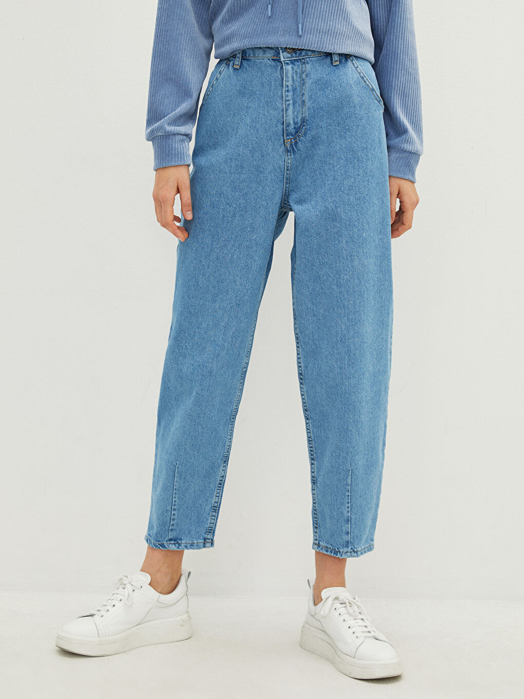 İndigo Yüksek Bel Rahat Kalıp Cep Detaylı Rodeo Kadın Jean Pantolon-2