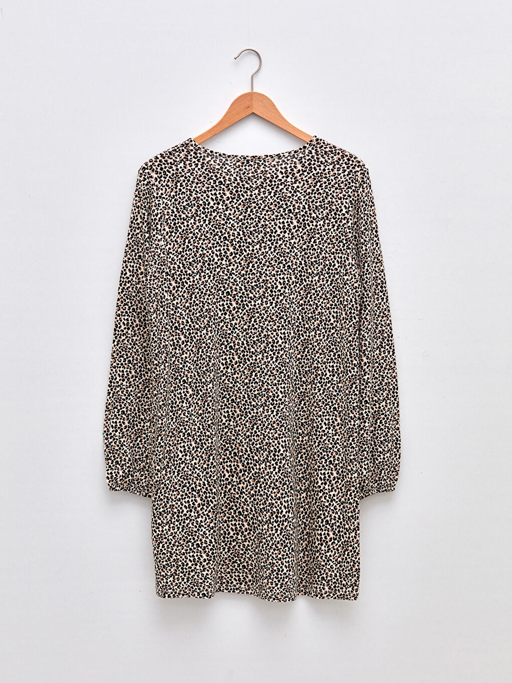 Bej Bağlamalı Yaka Desenli Uzun Kollu Viskon Kadın Tunik-6