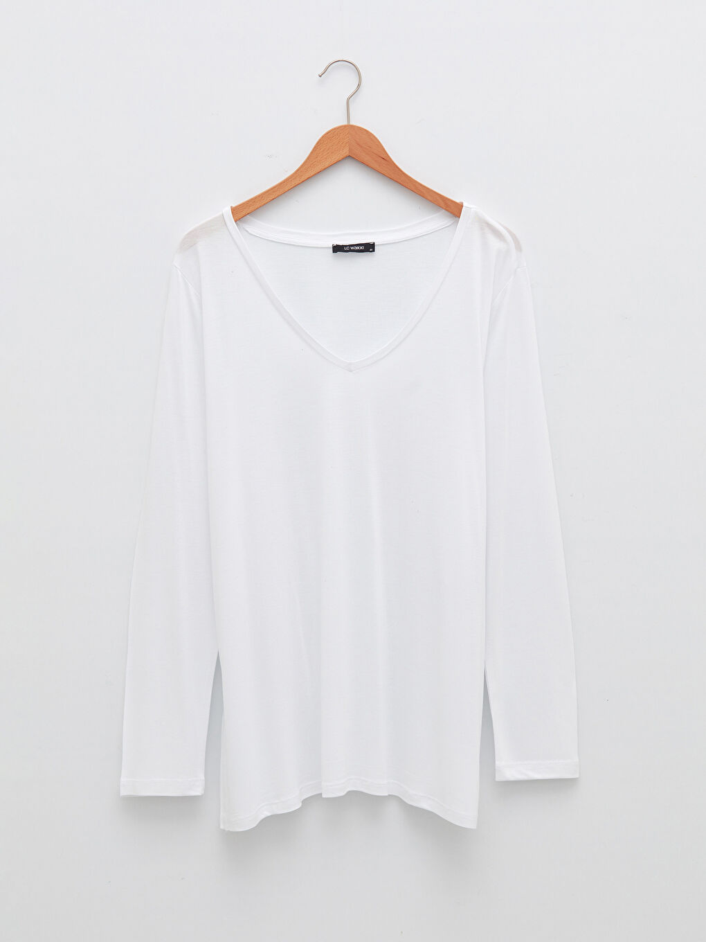 Beyaz Büyük Beden V Yaka Düz Uzun Kollu Viskon Kadın Tişört-5