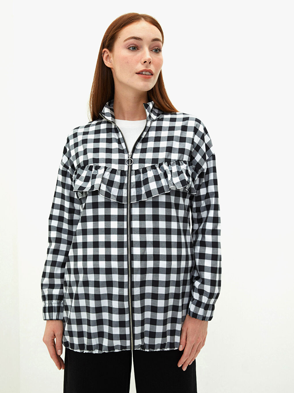 Siyah Dik Yaka Ekose Uzun Kollu Oversize Kadın Tunik