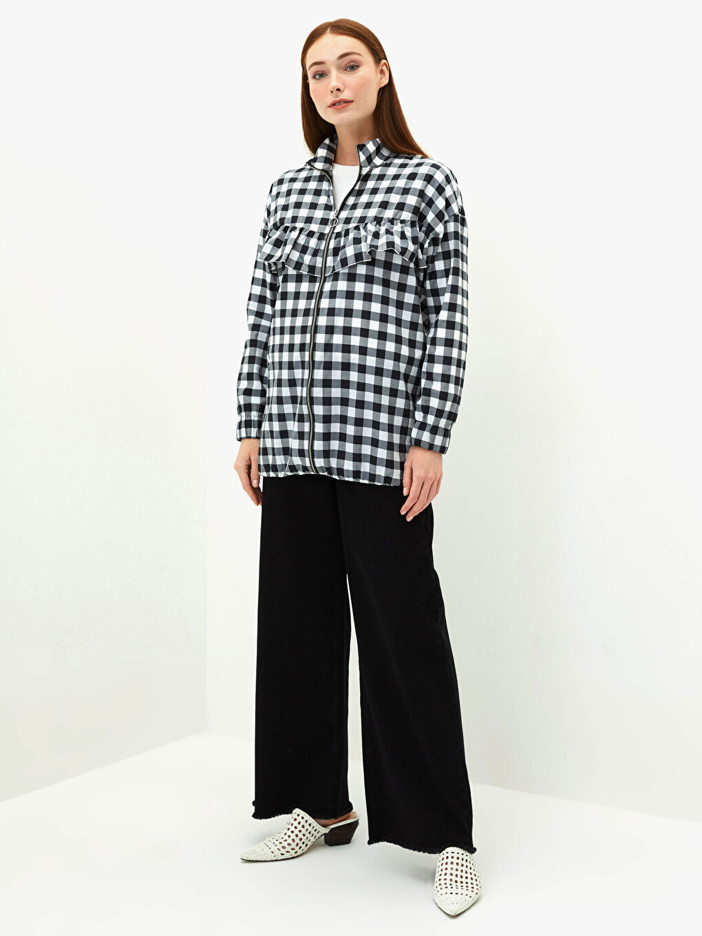 Siyah Dik Yaka Ekose Uzun Kollu Oversize Kadın Tunik-1