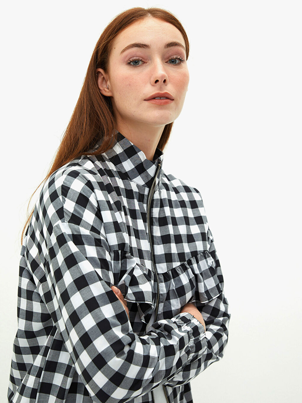 Siyah Dik Yaka Ekose Uzun Kollu Oversize Kadın Tunik-2