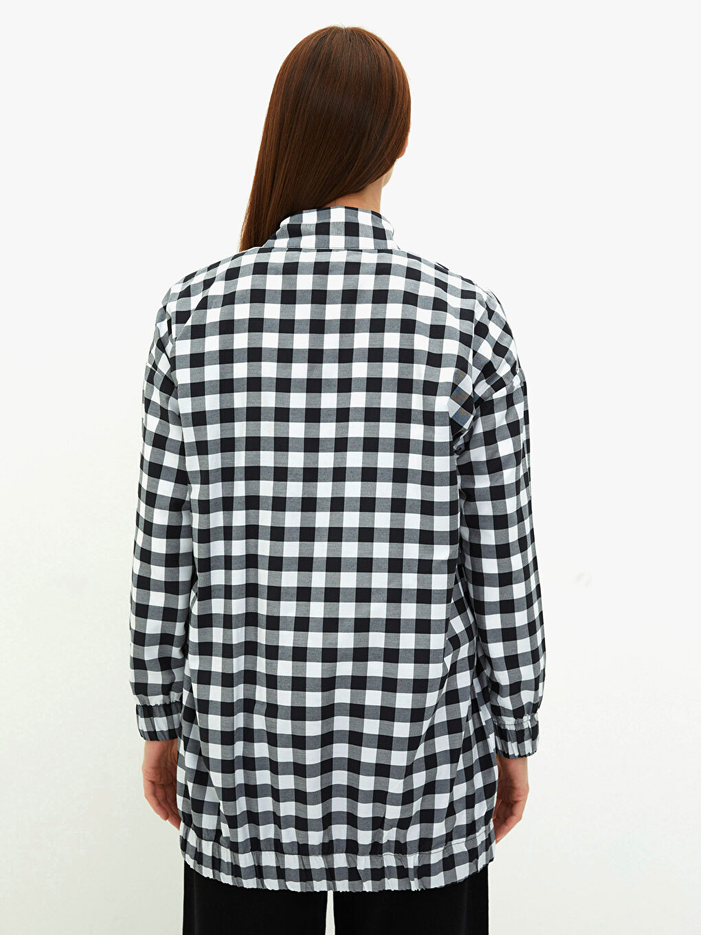 Siyah Dik Yaka Ekose Uzun Kollu Oversize Kadın Tunik-3