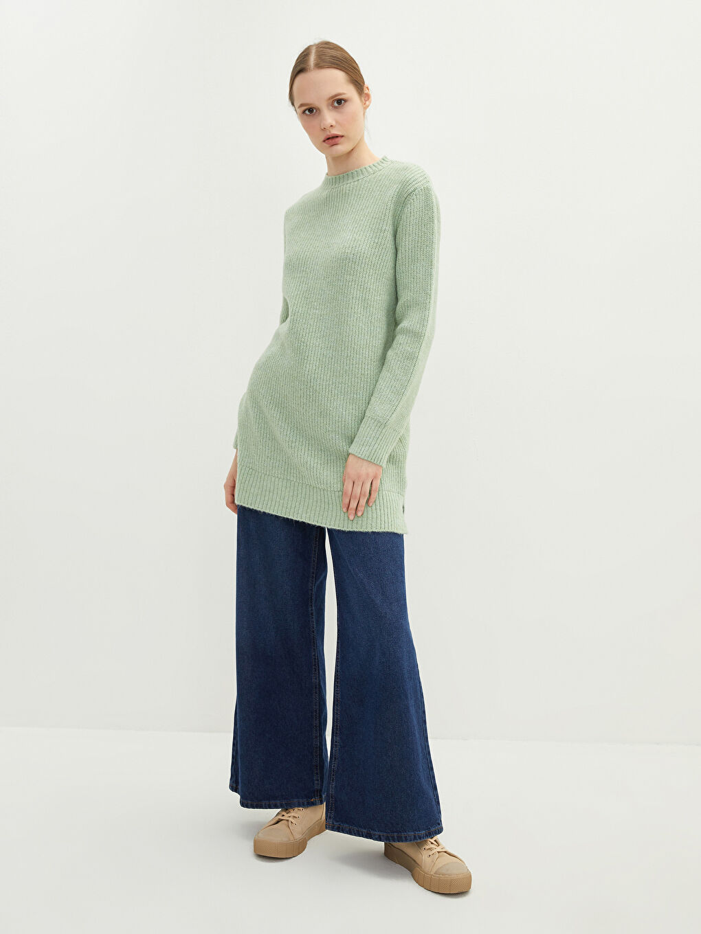 Туника из трикотажа с круглым вырезом, однотонная, с длинным рукавом для женщин-1