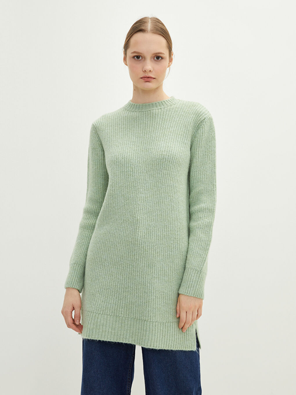 Туника из трикотажа с круглым вырезом, однотонная, с длинным рукавом для женщин-2