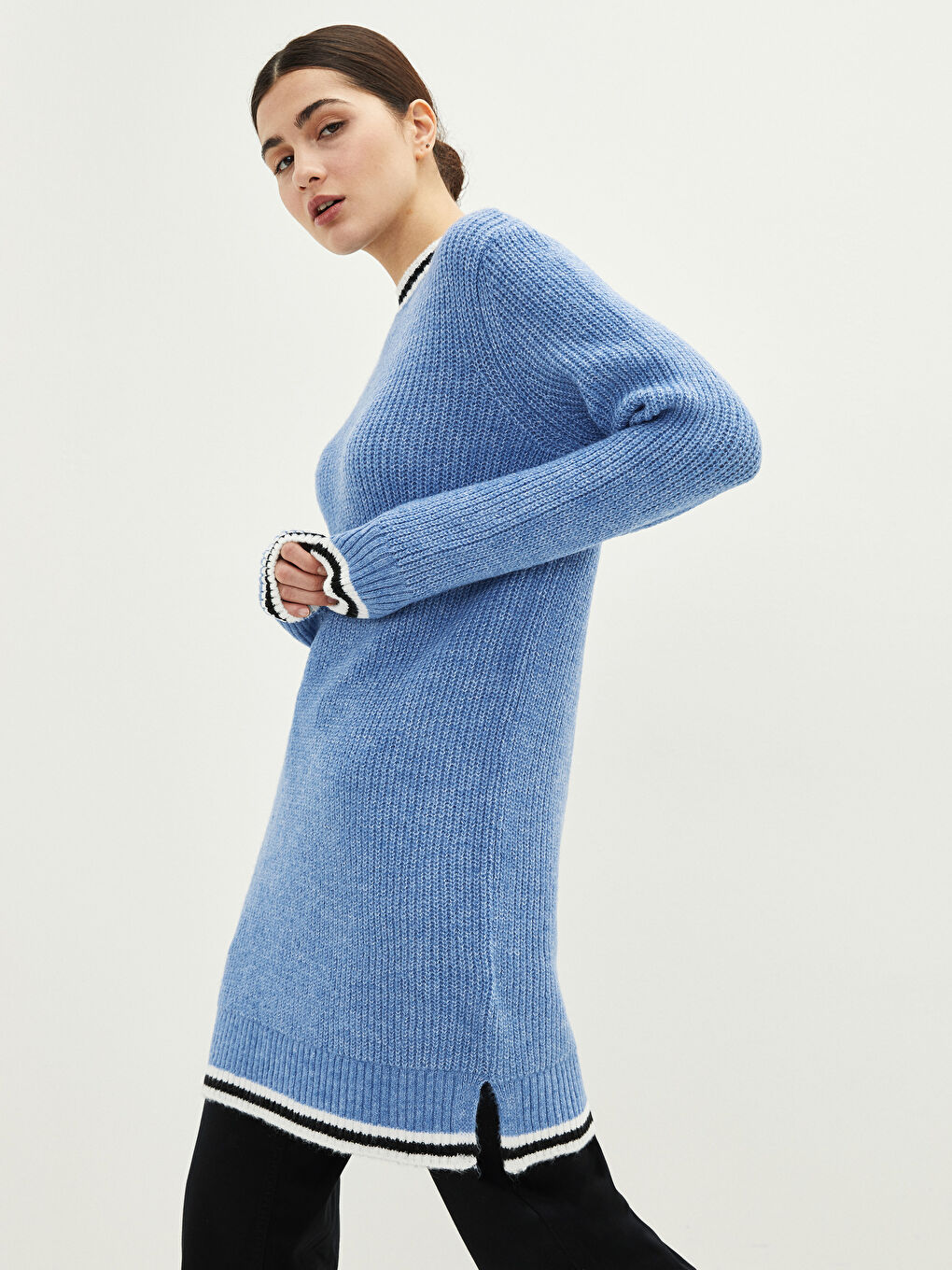 Mavi Bisiklet Yaka Şerit Detaylı Uzun Kollu Kadın Triko Tunik-1