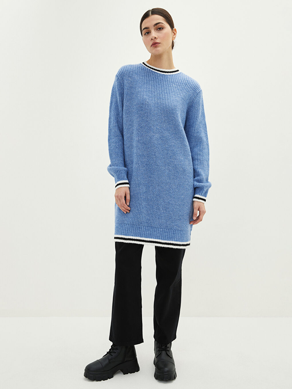 Mavi Bisiklet Yaka Şerit Detaylı Uzun Kollu Kadın Triko Tunik-2