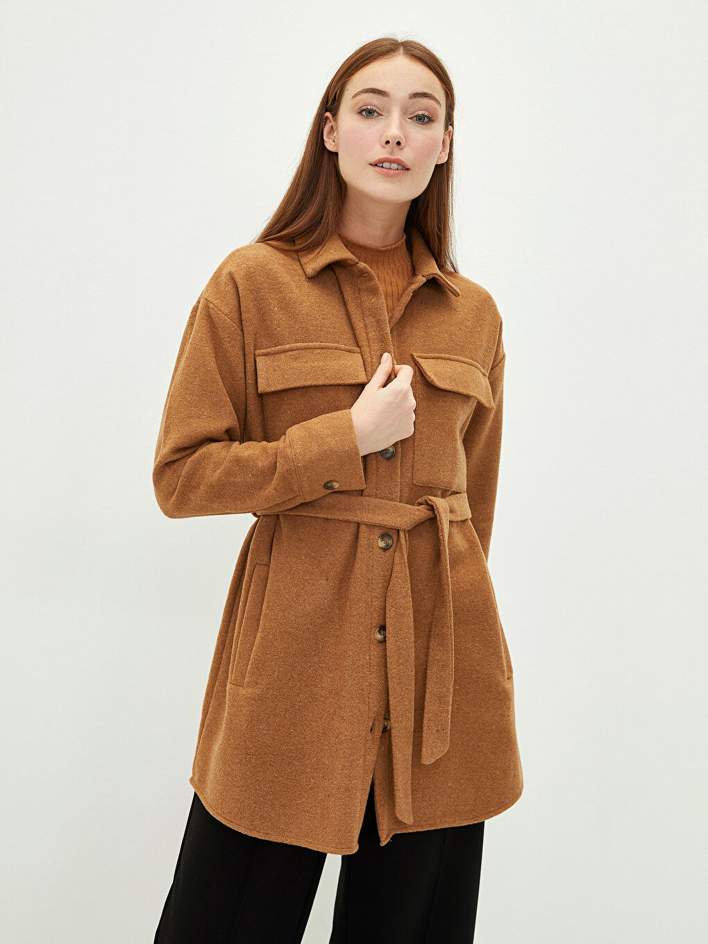 Pocket Detailed Long Sleeve Oversize Gabardine Women's Shirt Tunic-1