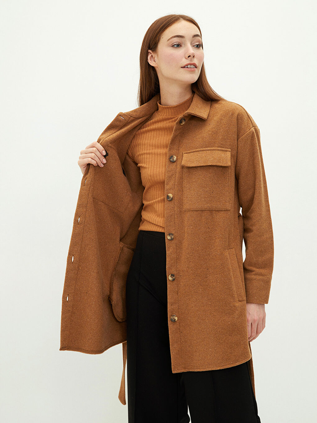 Pocket Detailed Long Sleeve Oversize Gabardine Women's Shirt Tunic-2