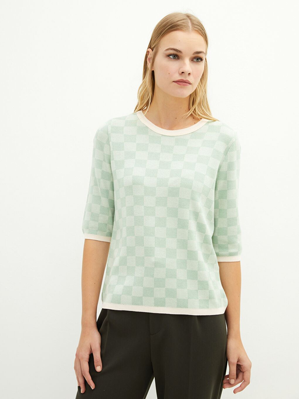 Yeşil Bisiklet Yaka Ekose Kısa Kollu Kadın Triko Kazak-1