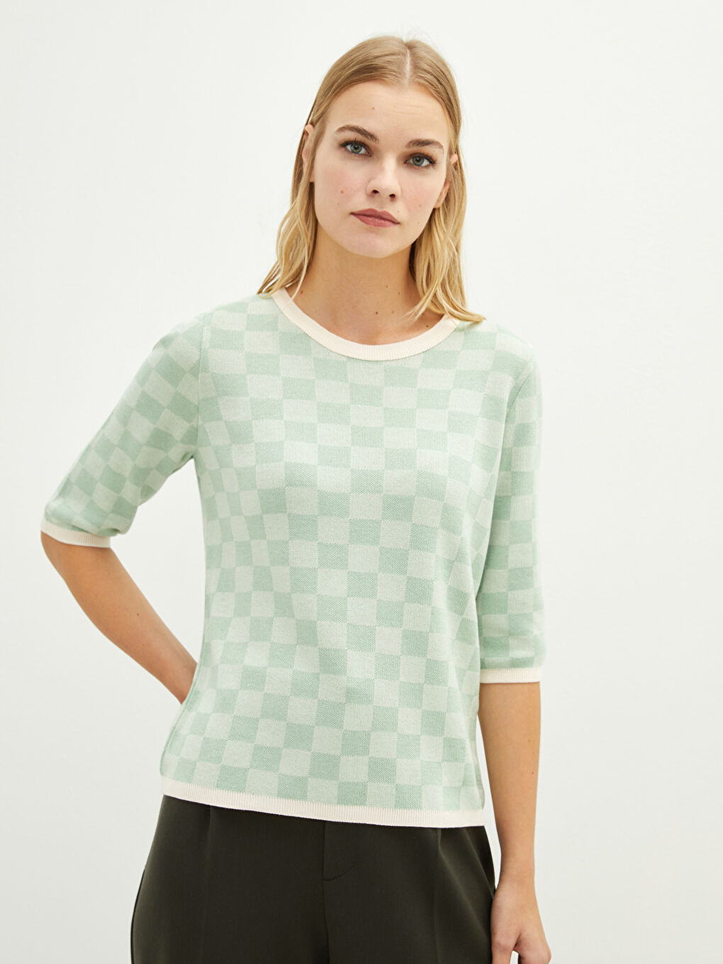 Yeşil Bisiklet Yaka Ekose Kısa Kollu Kadın Triko Kazak-3