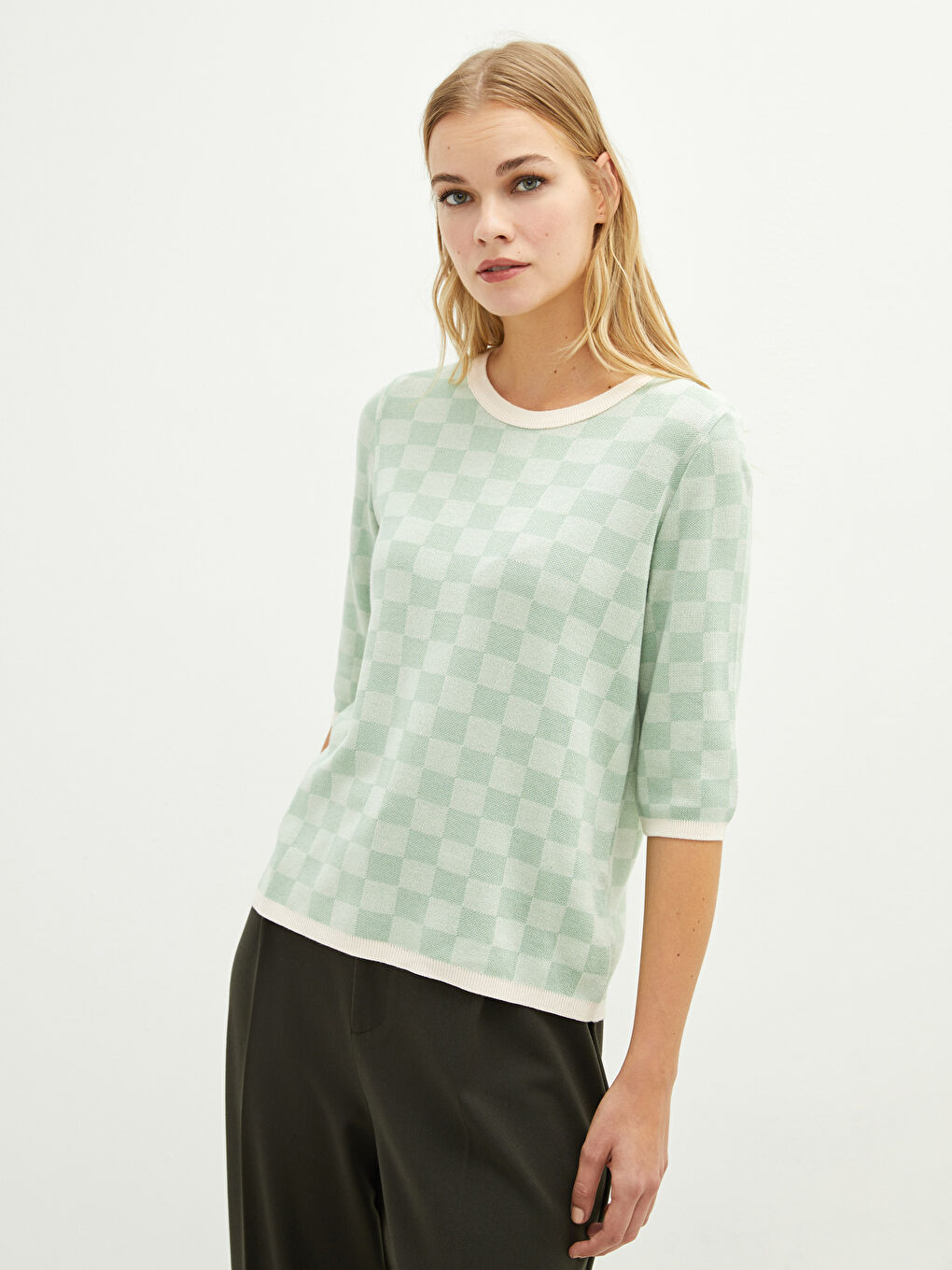 Yeşil Bisiklet Yaka Ekose Kısa Kollu Kadın Triko Kazak-5