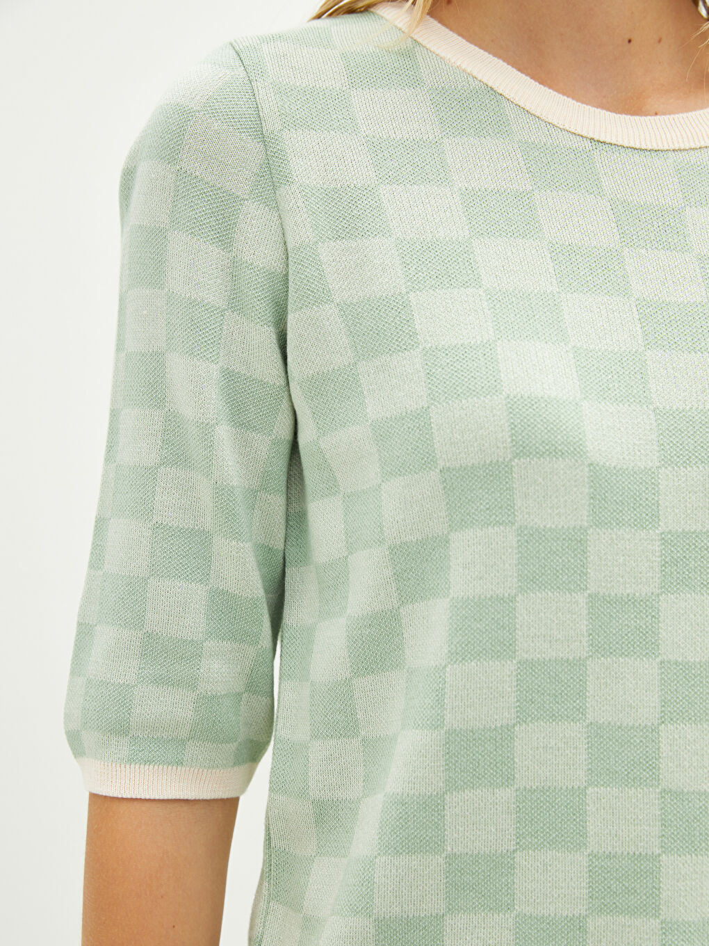 Yeşil Bisiklet Yaka Ekose Kısa Kollu Kadın Triko Kazak-8