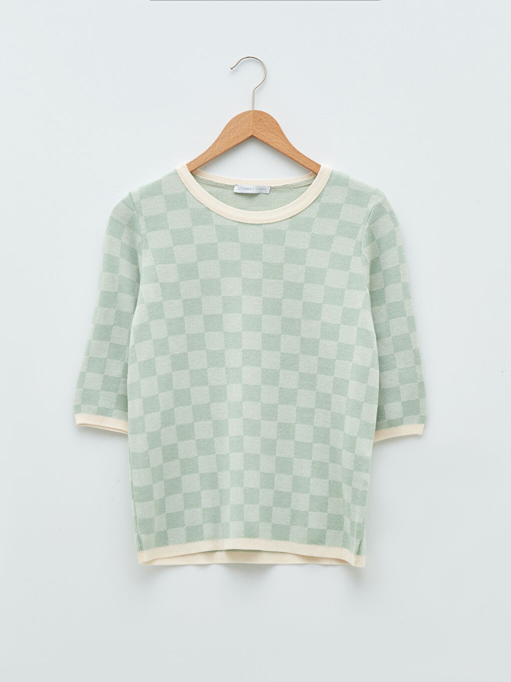 Yeşil Bisiklet Yaka Ekose Kısa Kollu Kadın Triko Kazak-10