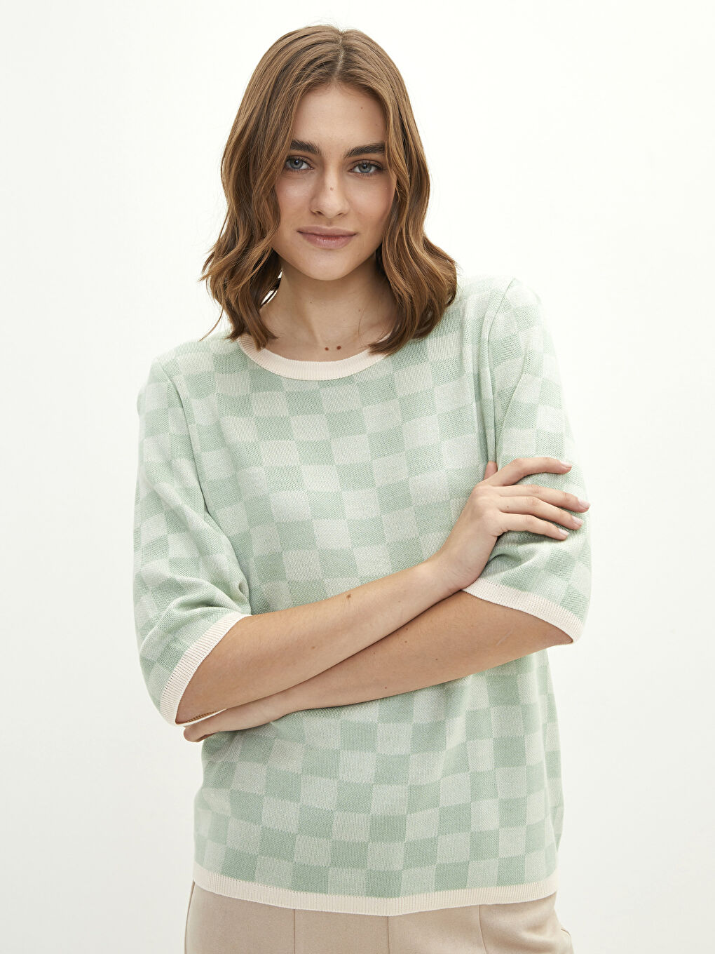 Yeşil Bisiklet Yaka Ekose Kısa Kollu Kadın Triko Kazak