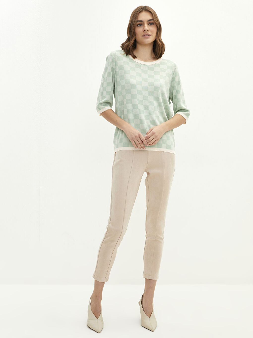 Yeşil Bisiklet Yaka Ekose Kısa Kollu Kadın Triko Kazak-2