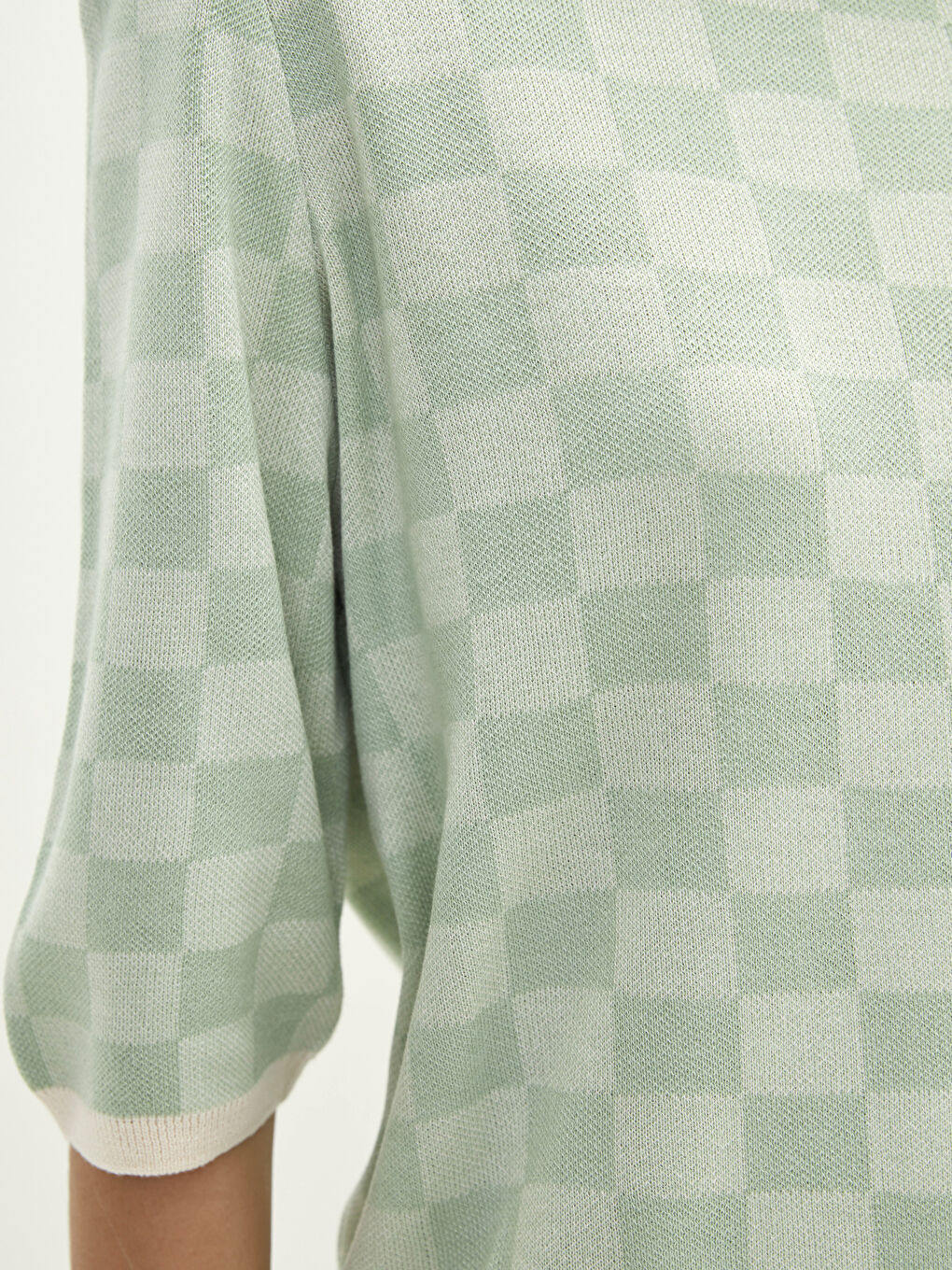 Yeşil Bisiklet Yaka Ekose Kısa Kollu Kadın Triko Kazak-4