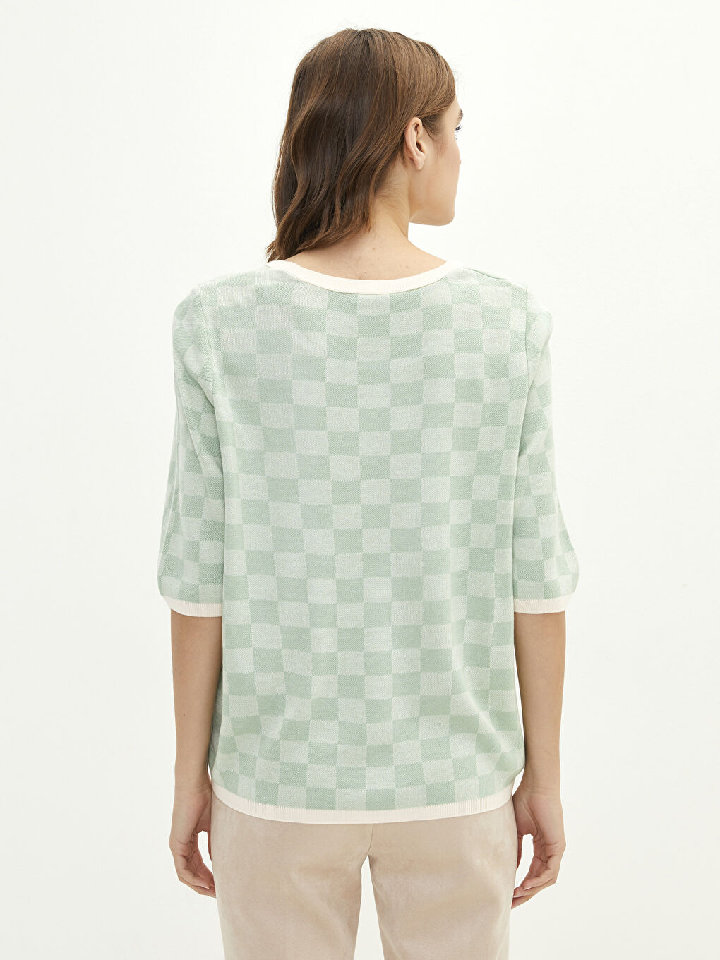 Yeşil Bisiklet Yaka Ekose Kısa Kollu Kadın Triko Kazak-6