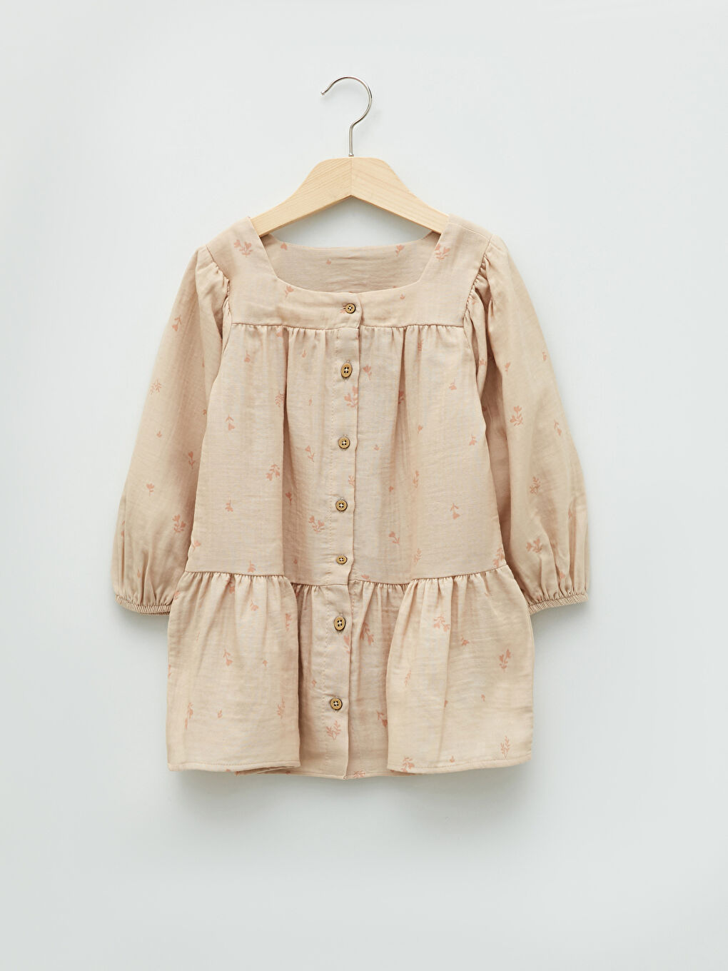 Square Neck Long Sleeve Patterned Muslin Baby Girl Dress