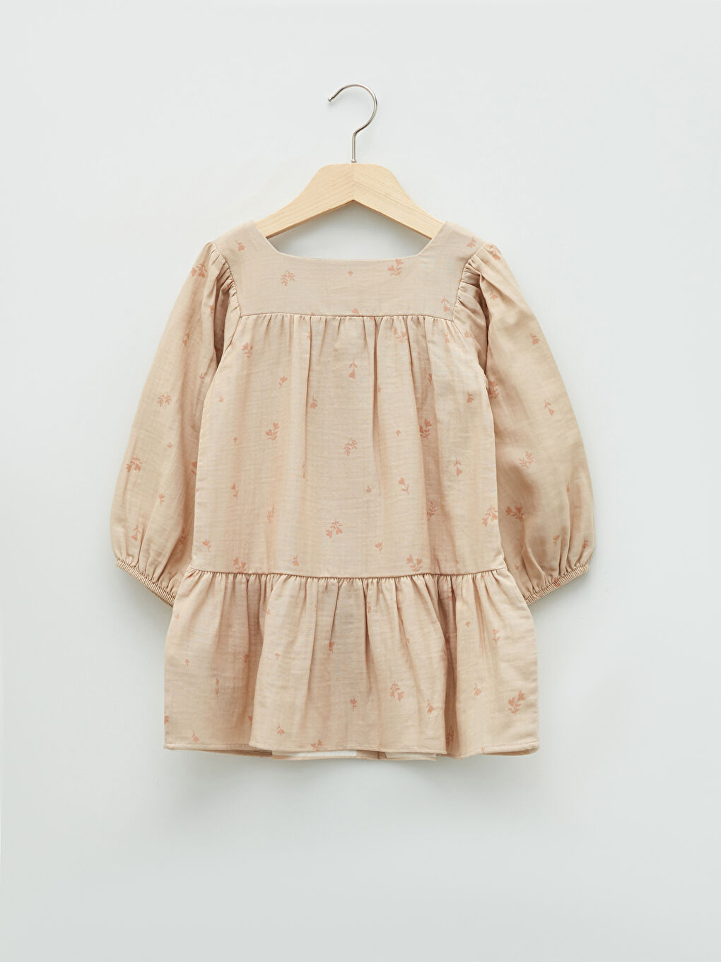 Square Neck Long Sleeve Patterned Muslin Baby Girl Dress-1