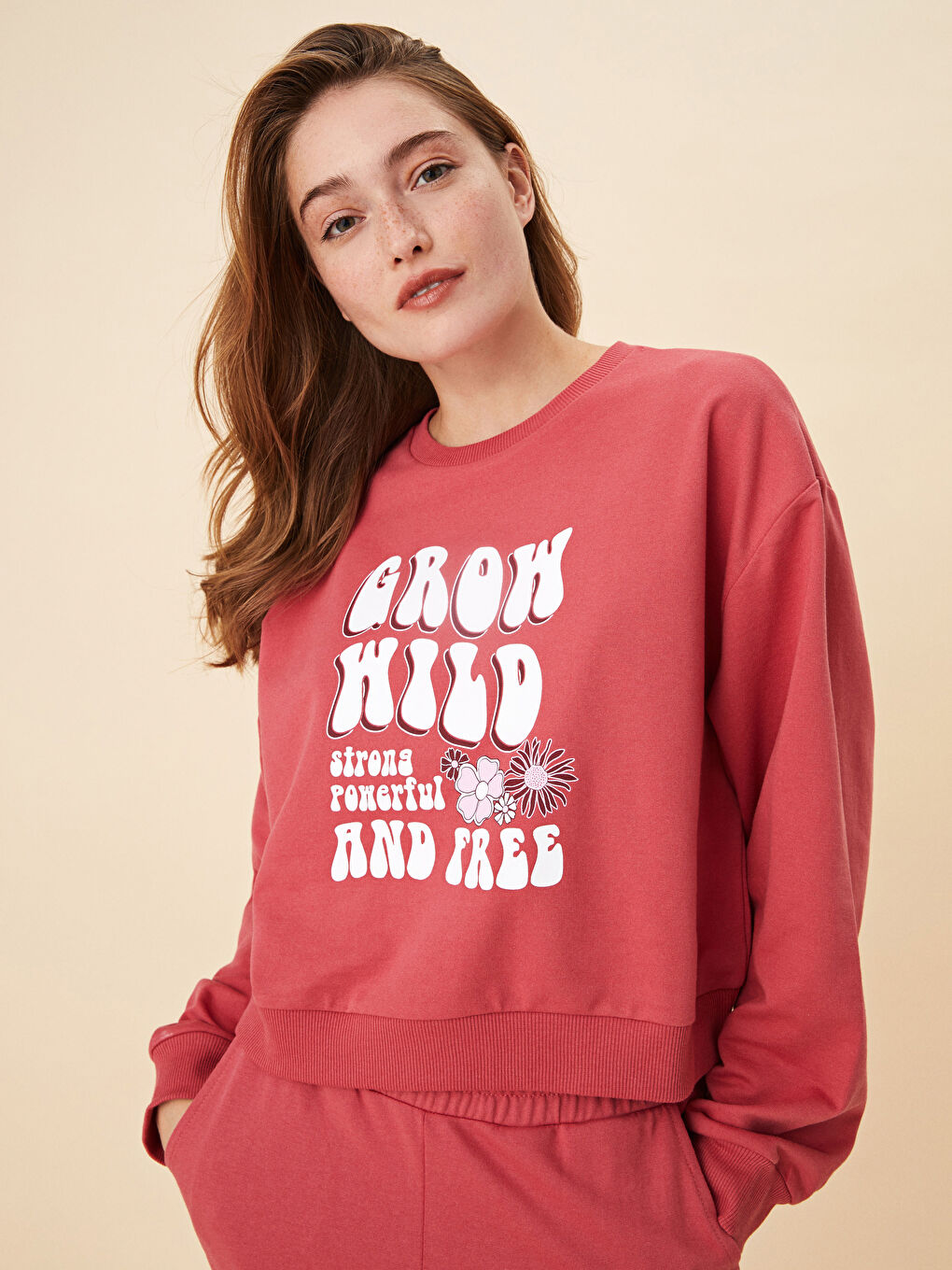 LCW Vision Koyu Pembe Bisiklet Yaka Baskılı Uzun Kollu Kadın Sweatshirt - 1