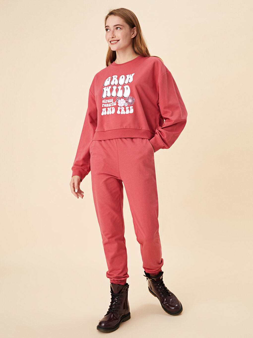 LCW Vision Koyu Pembe Bisiklet Yaka Baskılı Uzun Kollu Kadın Sweatshirt - 2