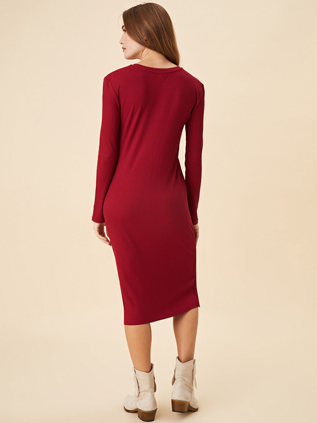 LCW Vision Açık Bordo Bisiklet Yaka Düz Uzun Kollu Kadın Bodycon Elbise - 4