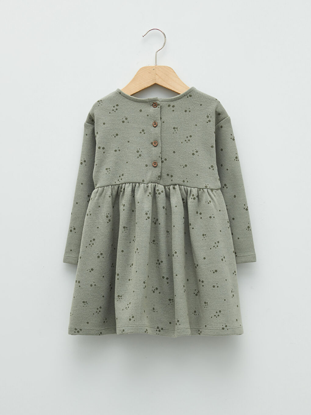 Yeşil Bisiklet Yaka Uzun Kollu Desenli Kız Bebek Elbise-1