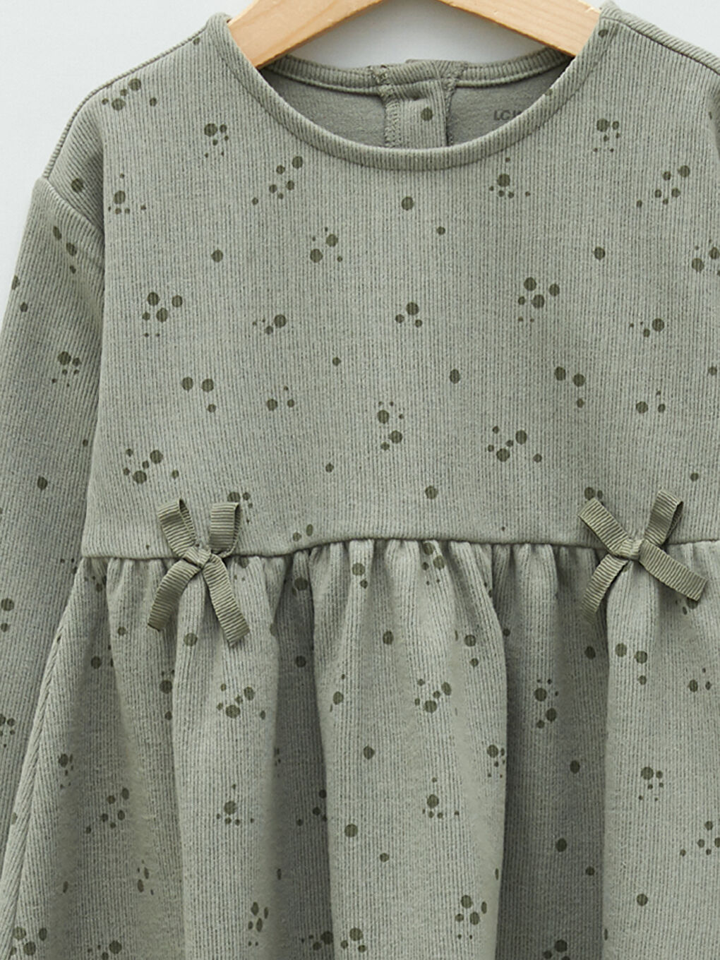 Yeşil Bisiklet Yaka Uzun Kollu Desenli Kız Bebek Elbise-2