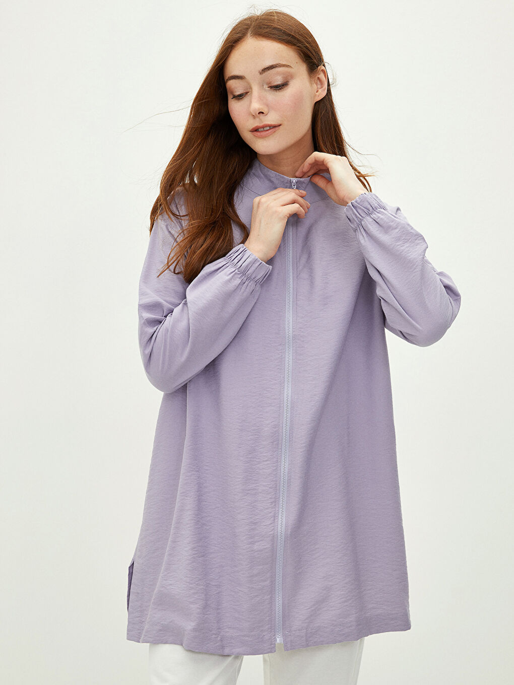 Lila Dik Yaka Düz Uzun Kollu Kadın Tunik