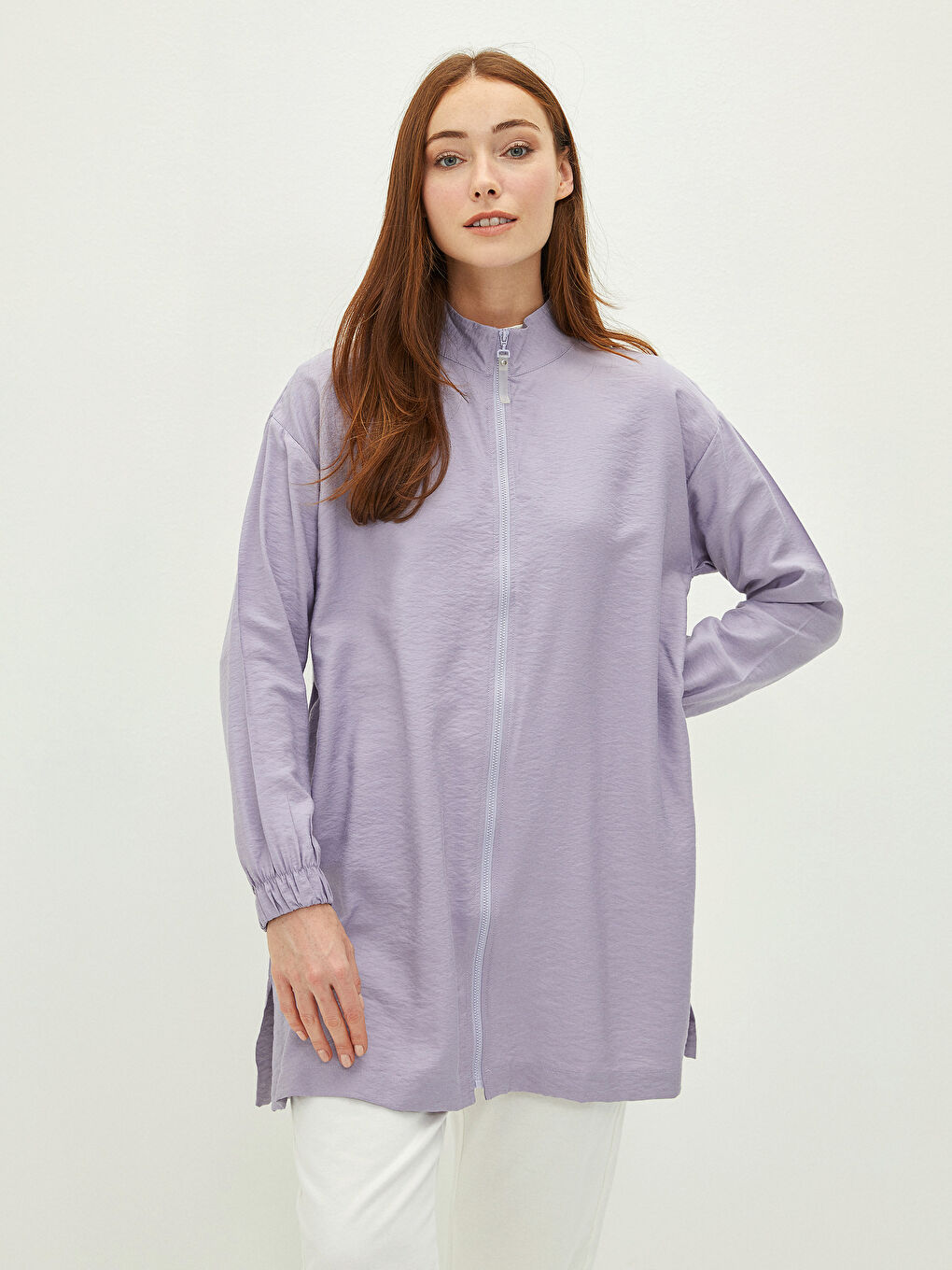 Lila Dik Yaka Düz Uzun Kollu Kadın Tunik-1