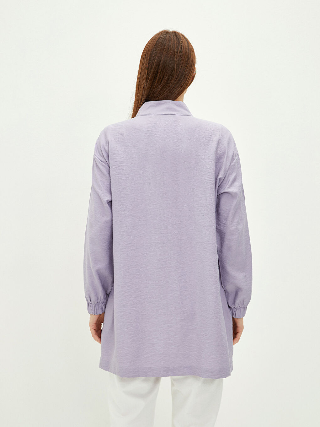 Lila Dik Yaka Düz Uzun Kollu Kadın Tunik-4