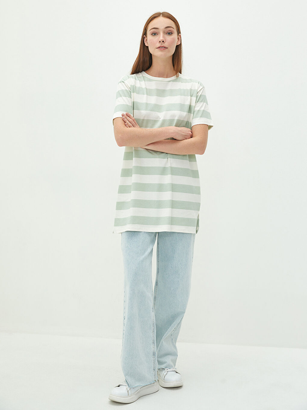 LCW Modest Crew Neck Striped Short Sleeve Cotton Women's Tunic -W1IV69Z8-LFN