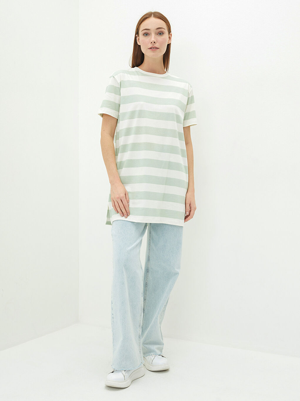 LCW Modest Crew Neck Striped Short Sleeve Cotton Women's Tunic -W1IV69Z8-LFN