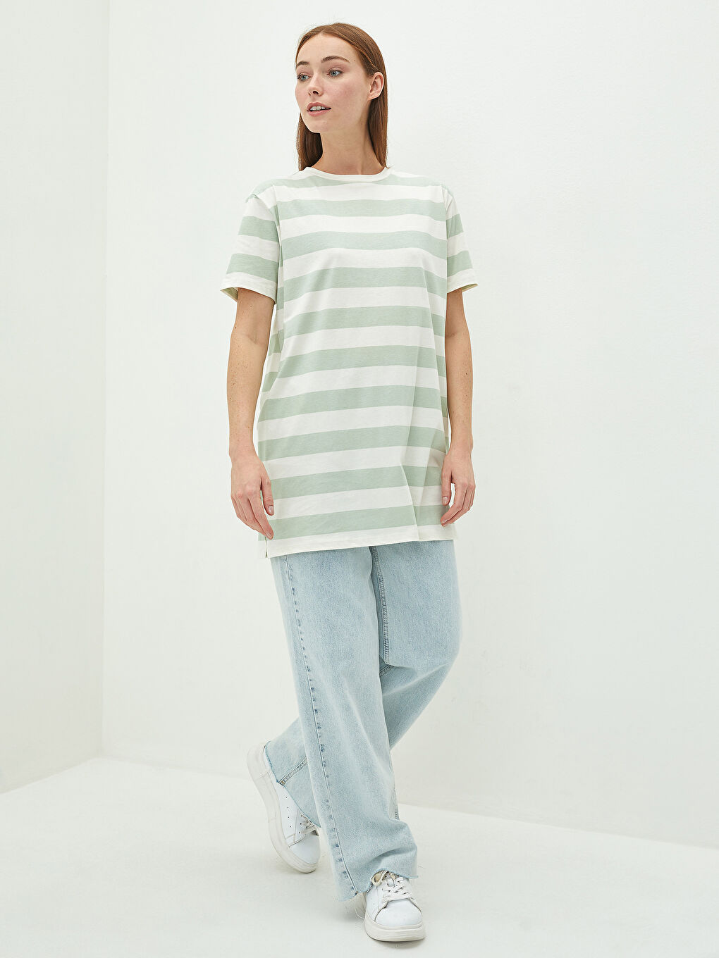 LCW Modest Crew Neck Striped Short Sleeve Cotton Women's Tunic -W1IV69Z8-LFN