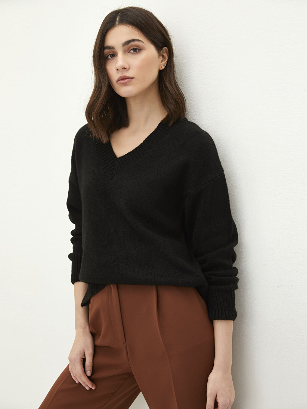 Пуловер с V-образно деколте, изчистен, дълъг ръкав, трико за жени-1
