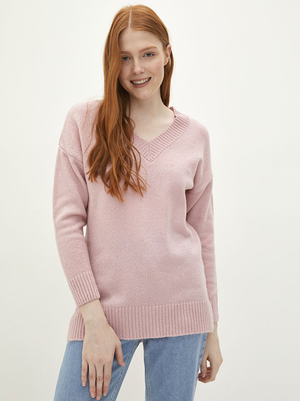 V Neck Plain Long Sleeve Women's Knitwear Sweater-1