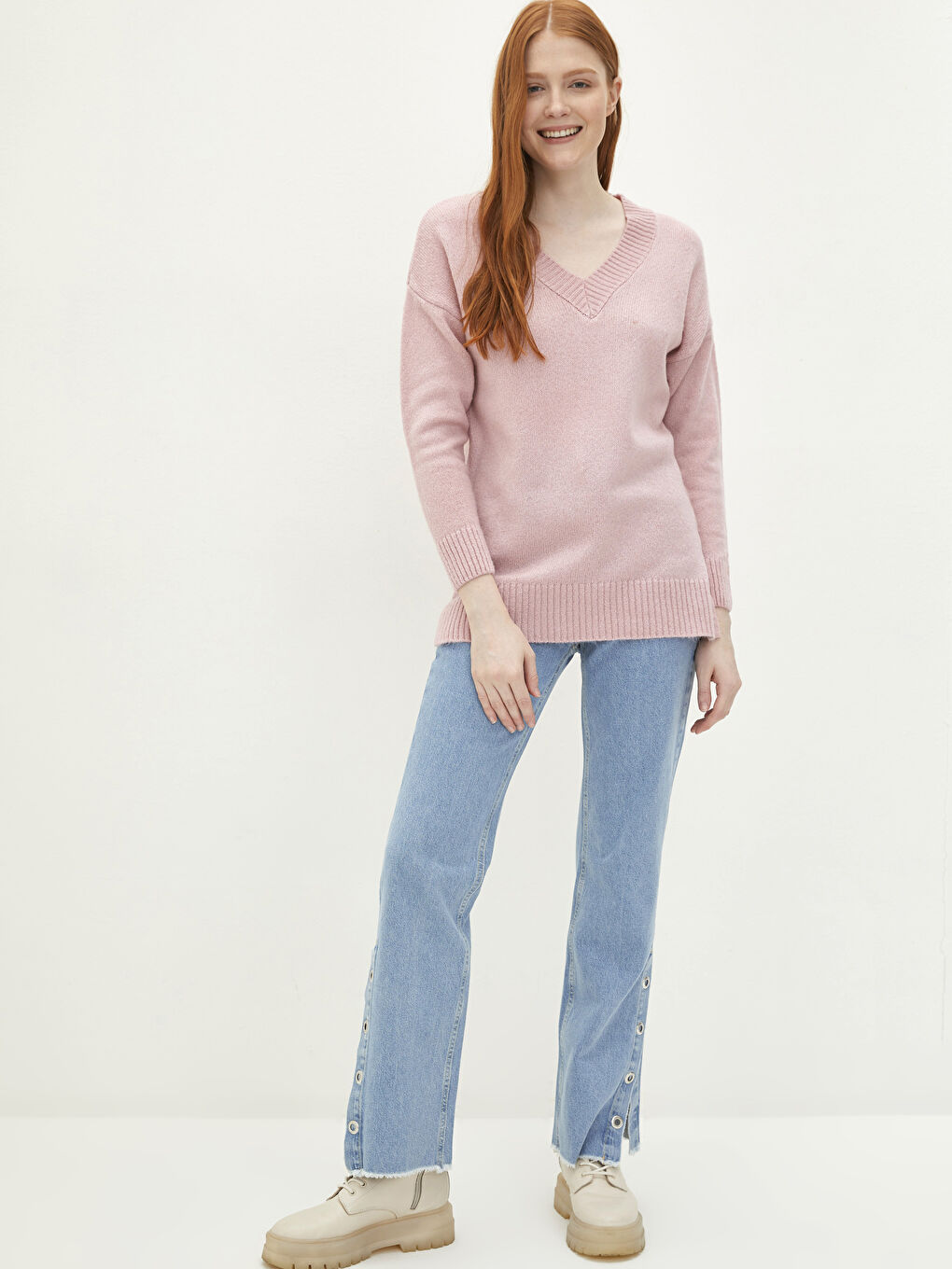 V Neck Plain Long Sleeve Women's Knitwear Sweater-2