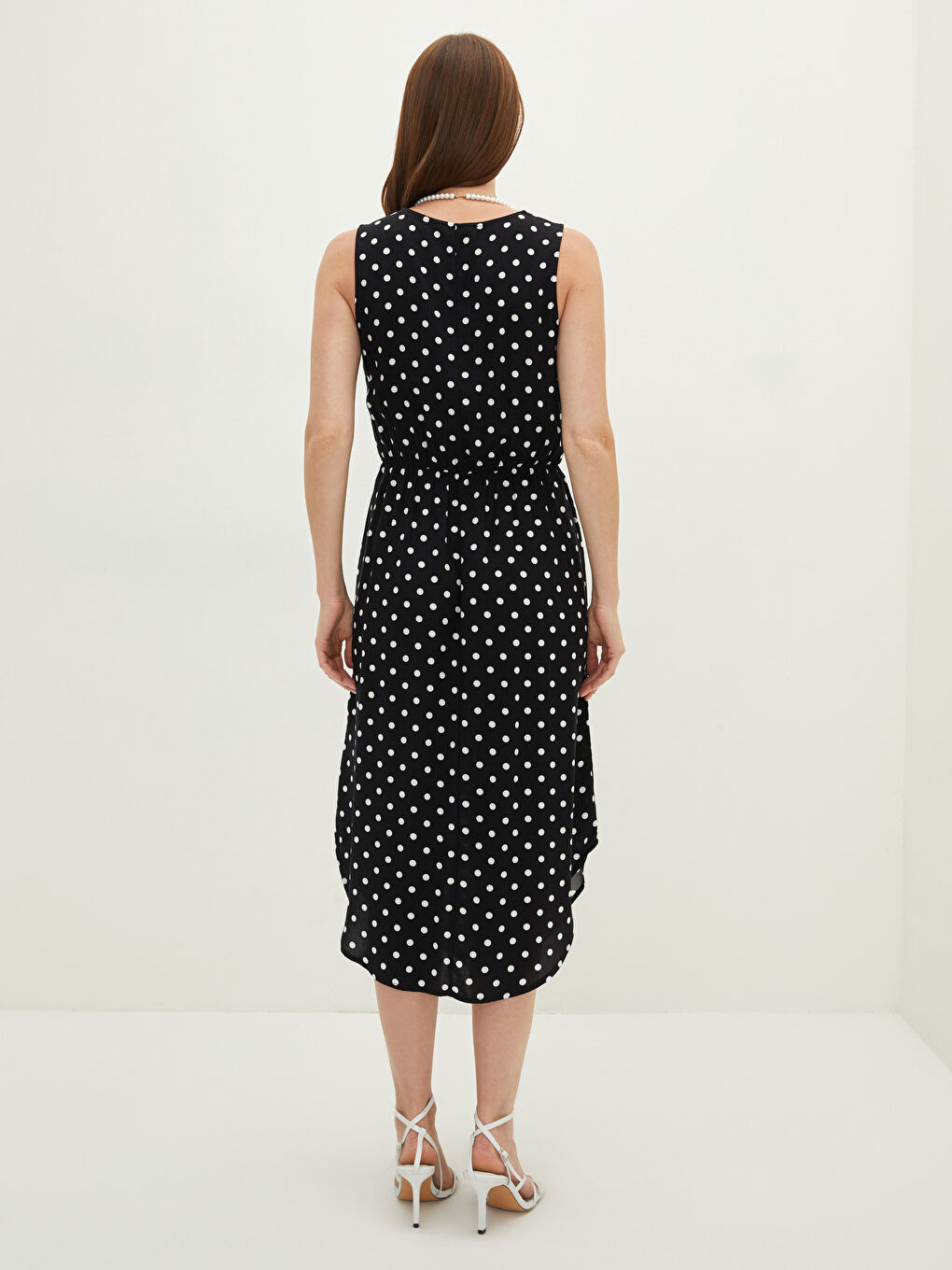 Siyah Bisiklet Yaka Puantiyeli A Kesim Viskon Kadın Elbise-2